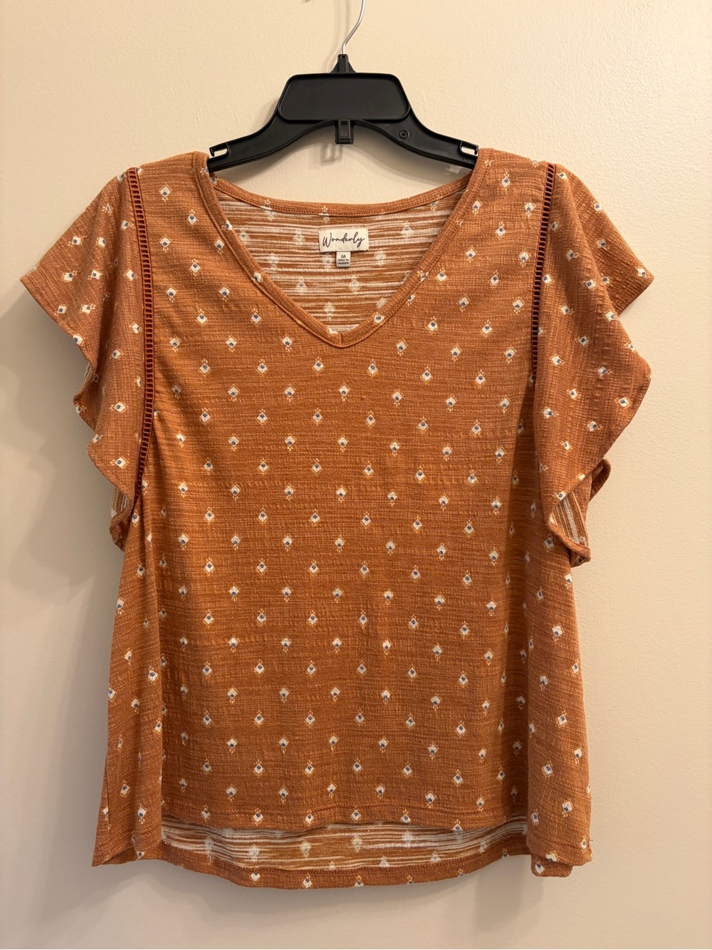 Wonderly Burnt Orange V-Neck Flutter Sleeve Top with White Ditsy Print